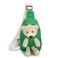 Kids green canvas chest bag featuring a cute plush bear and adjustable shoulder strap - Bear Green