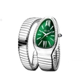 Women's silver serpent watch featuring an emerald green sunburst dial and crystal bezel - Silver Case Green Dial