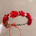 Red bridal flower crown with silk roses, lilies and adjustable organza ribbon tie - Red