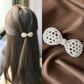 Elegant gold rhinestone butterfly hair clip with white pearls and spring back closure - Polka Dot Bow Spring Clip