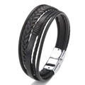 Multilayer black woven leather bracelet with polished silver magnetic clasp closure - Black (Silver Buckle)