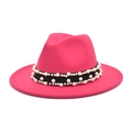 Magenta wool fedora hat with elegant pearl embellishments and black ribbon band - M (56-58cm) / Rose Red