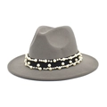 Detail of gray wool fedora hat featuring black ribbon band with elegant pearl embellishments - M (56-58cm) / Light Gray