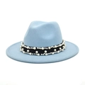 Detail of light blue wool fedora hat featuring a black ribbon with pearl decorations - M (56-58cm) / Sky Blue