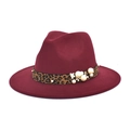 Detail of burgundy fedora hat featuring leopard print band with pearls and floral accents - M (56-58cm) / Burgundy