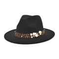 Detail of black wool fedora with leopard print band adorned with pearls and floral accents - M (56-58cm) / Black