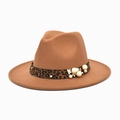 Elegant dark brown fedora wool hat with leopard print ribbon and pearl floral accents - M (56-58cm) / Khaki