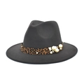 Detail of grey wool fedora featuring leopard print band with pearls and floral accents - M (56-58cm) / Dark Gray
