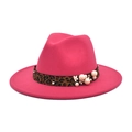 Rose pink wool fedora hat featuring leopard print ribbon with pearls and flower accents - M (56-58cm) / Rose Red