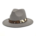 Close-up of grey felt fedora featuring a leopard print ribbon with pearls and floral detail - M (56-58cm) / Light Gray