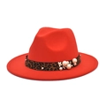 Detail view of red wool fedora featuring leopard print band with pearls and floral accent - M (56-58cm) / Orange Red