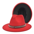 Detail of red fedora hat with silver studs on black band and contrasting black brim interior - M(56-58cm) / Red + Black