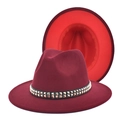Detail of burgundy fedora with red underside and silver studded black leather band - M (56-58cm) / Wine Red + Red