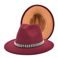 Detail of wool fedora with studded black ribbon showing high-quality felt texture and lining - M (56-58cm) / Wine Red + Camel