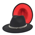 Two-tone wool fedora hat in black and red with stylish silver square stud band detail - M (56-58cm) / Black + Red