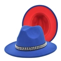 Detail of royal blue fedora hat with red brim underside and silver studded band decoration - M(56-58cm) / Royal Blue + Red