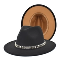 Detail of black wool fedora with gold metal studs and camel colored contrast underbrim - M (56-58cm) / Black + Camel