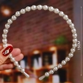 Detailed view of handmade pearl headband with rhinestones showing 15cm width measurement - S186-9 Pearl Rhinestone Style