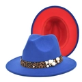 Cappello fedora in lana bicolore blu e rosso con nastro leopardato e decoro perle - M (56-58cm) / Blu Reale + Rosso