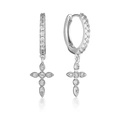 Elegant S925 silver hoop earrings with sparkling cubic zirconia cross pendants on white - Sparkling Full Inlaid Zirconia Cross Earrings / Full Pave/Silver
