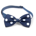 Close-up of blue polka dot pet bowtie featuring adjustable elastic strap and ribbed texture - Navy White Polka Dot