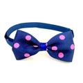 Close-up of navy blue pet bowtie with pink polka dots and adjustable satin strap - Navy Pink Polka Dot