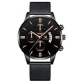 Macro detail of men's business watch featuring a black mesh strap and rose gold markers - Black Strap Black Case Black Face Rose Gold Hands