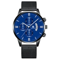 Detail of blue dial quartz watch with date window and black mesh stainless steel strap - Black Band Black Case Blue Face Silver Hands