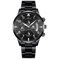 All-black men's stainless steel quartz business watch with metal link band - Black Band Black Case Black Dial Silver Hands