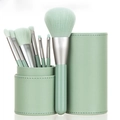 Portable 7-piece mint green makeup brush set with matching leather storage case - 7Pcs with Tube Holder / Mint Green