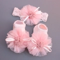 Pink infant headband and matching lace socks set with soft chiffon flower decorations - Pink Flower