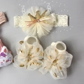 Infant headbands and socks gift set with swan crown and lace in cream beige color - Gold Dot Tulle
