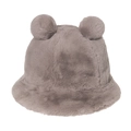 Detailed close-up of grey plush bucket hat with cute bear ears for winter warmth - Khaki