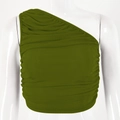 Close-up of olive green one-shoulder crop top with elegant pleated design on mannequin - S / Army Green