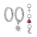 Detailed view of silver hoop earrings with interchangeable moon, star, and cross charms - Red Zircon Silver