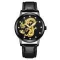 Mens Chinese style quartz watch with gold dragon relief and black leather strap - Black Dial Black Case Black Strap