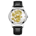 YOLAKO men's watch with white dial, golden dragon relief and black leather strap - White Dial Silver Case Black Strap