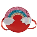 Red leather kids rainbow purse with glitter pattern and white iridescent clouds - Red