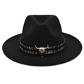 Vintage black wool jazz hat with ethnic woven band and silver bull head metal ornament - M (56-58cm) / Black