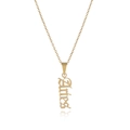Detailed close-up of gold stainless steel Aries zodiac necklace with gothic lettering - Gold Aries