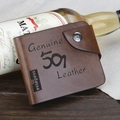 Classic brown leather tri-fold wallet for men with a snap closure and vintage 501 embossing - Classic Embossed Slant Buckle