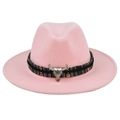 Pink wool fedora hat featuring a colorful ethnic band and silver bull skull detail - M (56-58cm) / Pink