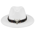 Close-up of white felt fedora hat with ethnic woven band and silver bull head charm - M (56-58cm) / White