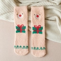 Chaussettes de Noël roses en polaire corail avec nez de renne et motif sapin vert - Taille unique / Cadeau de Noël Rose Orangé