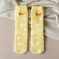 Yellow coral fleece thermal socks with white polka dots and cute duck embroidery - One Size / White Dot Yellow Duck