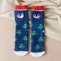 Winter plush coral fleece penguin socks in navy blue with green Christmas tree patterns - One Size / Navy Blue Penguin