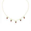 Gold necklace with five red strawberry pendants featuring green zircon leaves - Red Strawberry Style (XL00096)