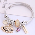Silver stainless steel evil eye charm bracelet with purple crystals and handmade tags - Champagne