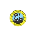 Detail of round enamel pin showing The Black Cat Society design with three cartoon cats - Blue Black Cat Society-THE BLACK CAT SOCIETY