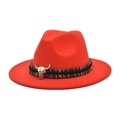 Detailed view of red fedora hat with ethnic woven band and metallic bull skull ornament - M (56-58cm) / Orange Red